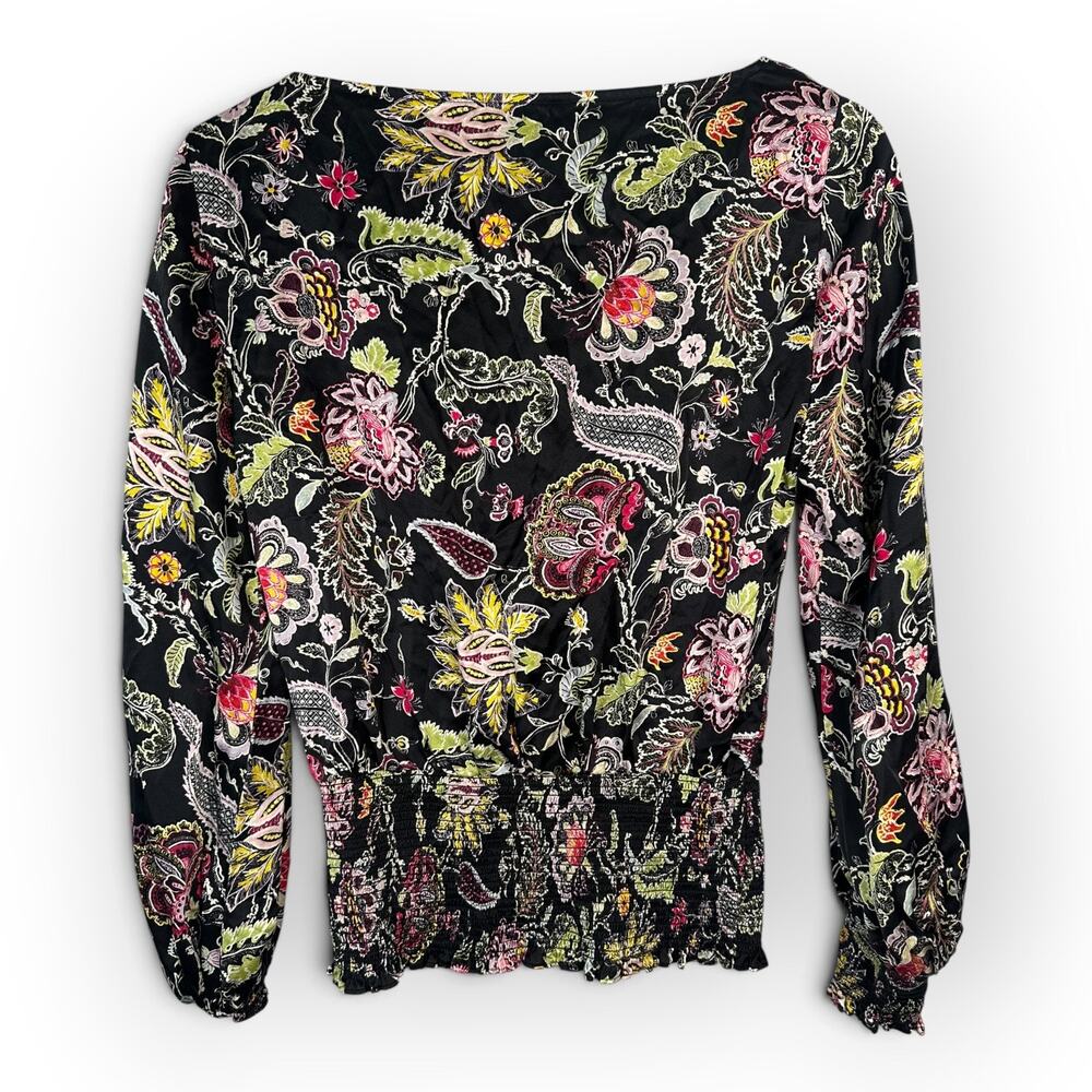 Cinq a Sept Women Small Black Silk Floral Paisley Smocked Peplum Blouse Top Boho - Picture 2 of 10